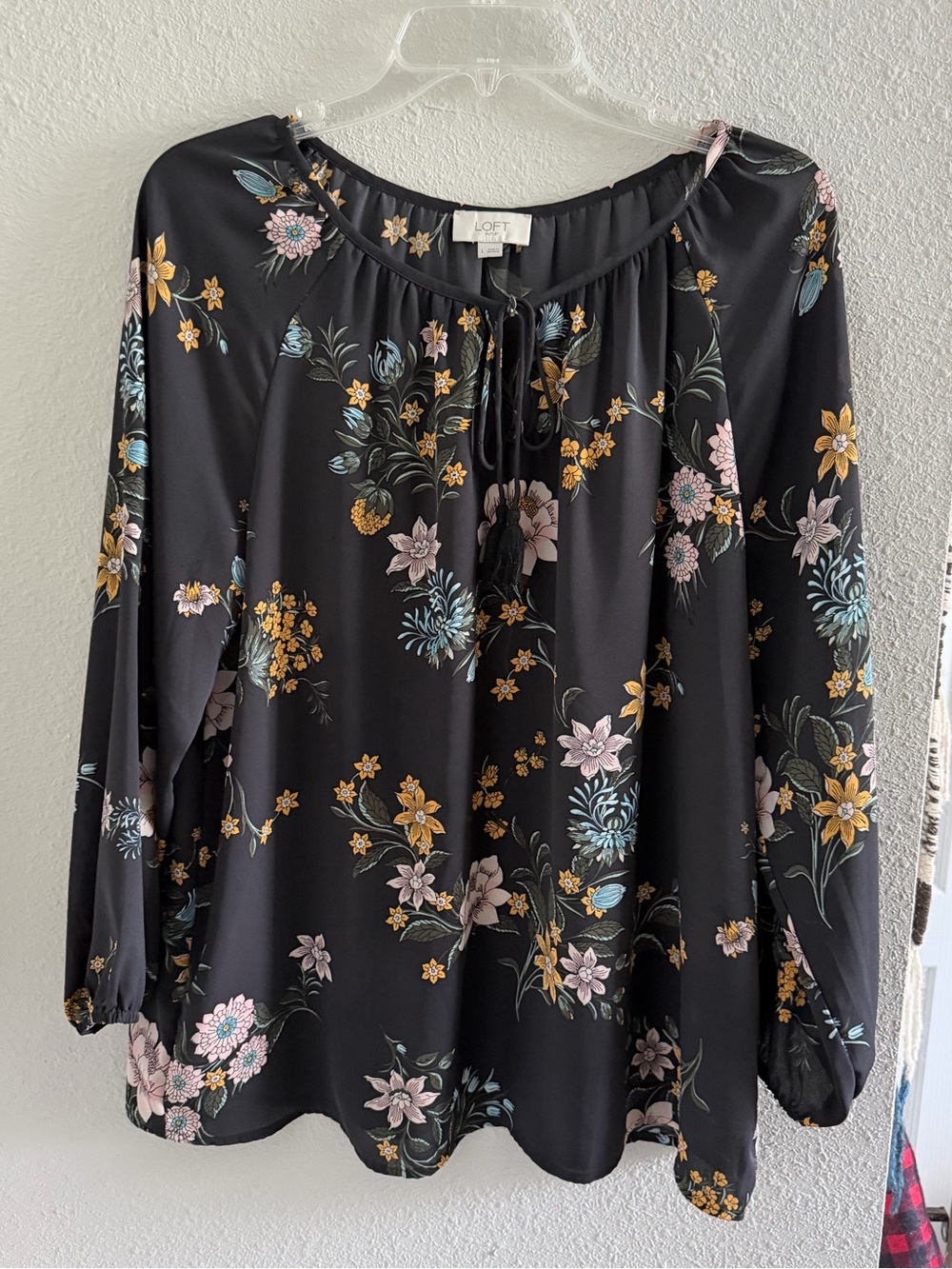 LOFT Black Floral Tie-Neck Blouse